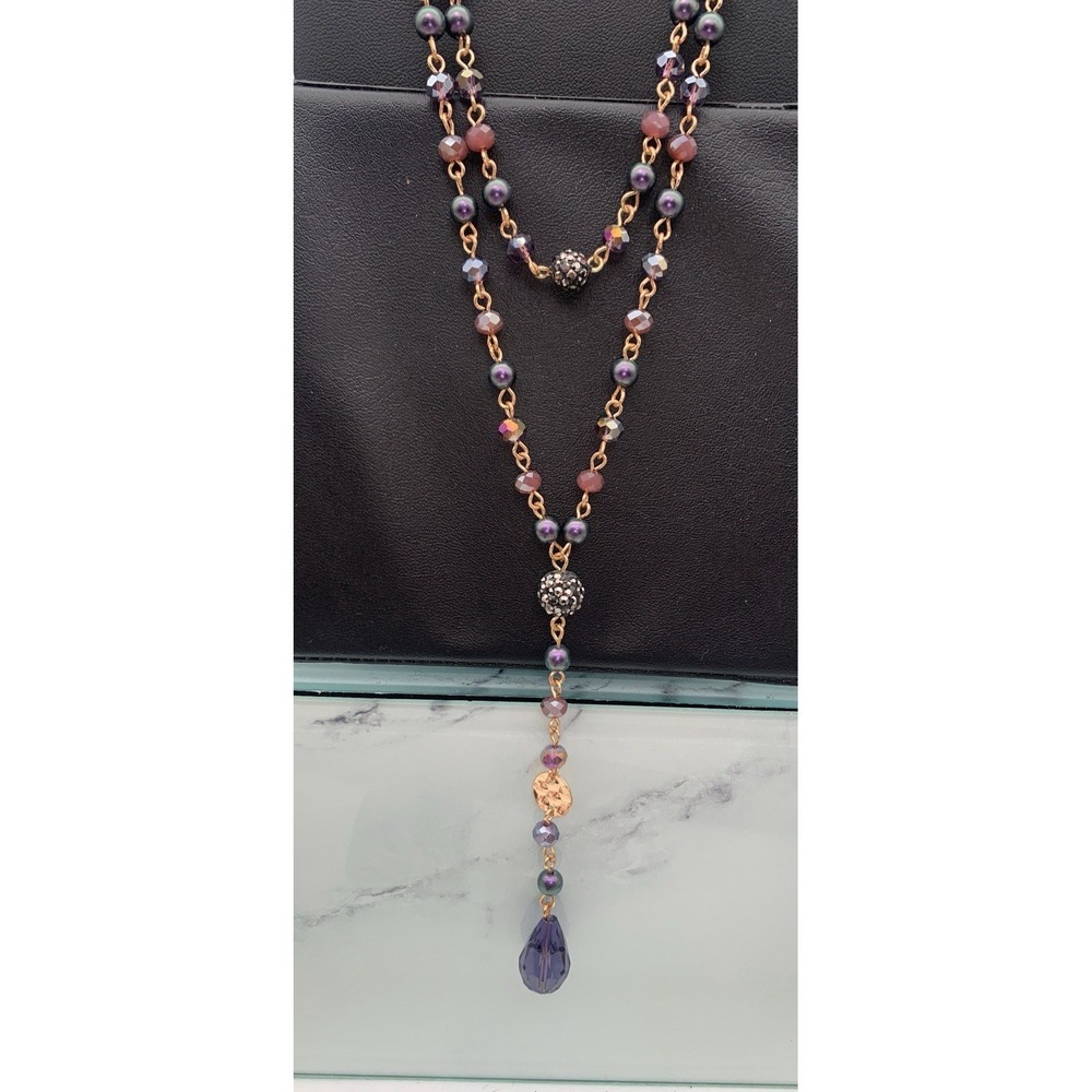 Gold Tone Double Layer Faux Peacock Tahitian Pearl & Purple Crystal Necklace